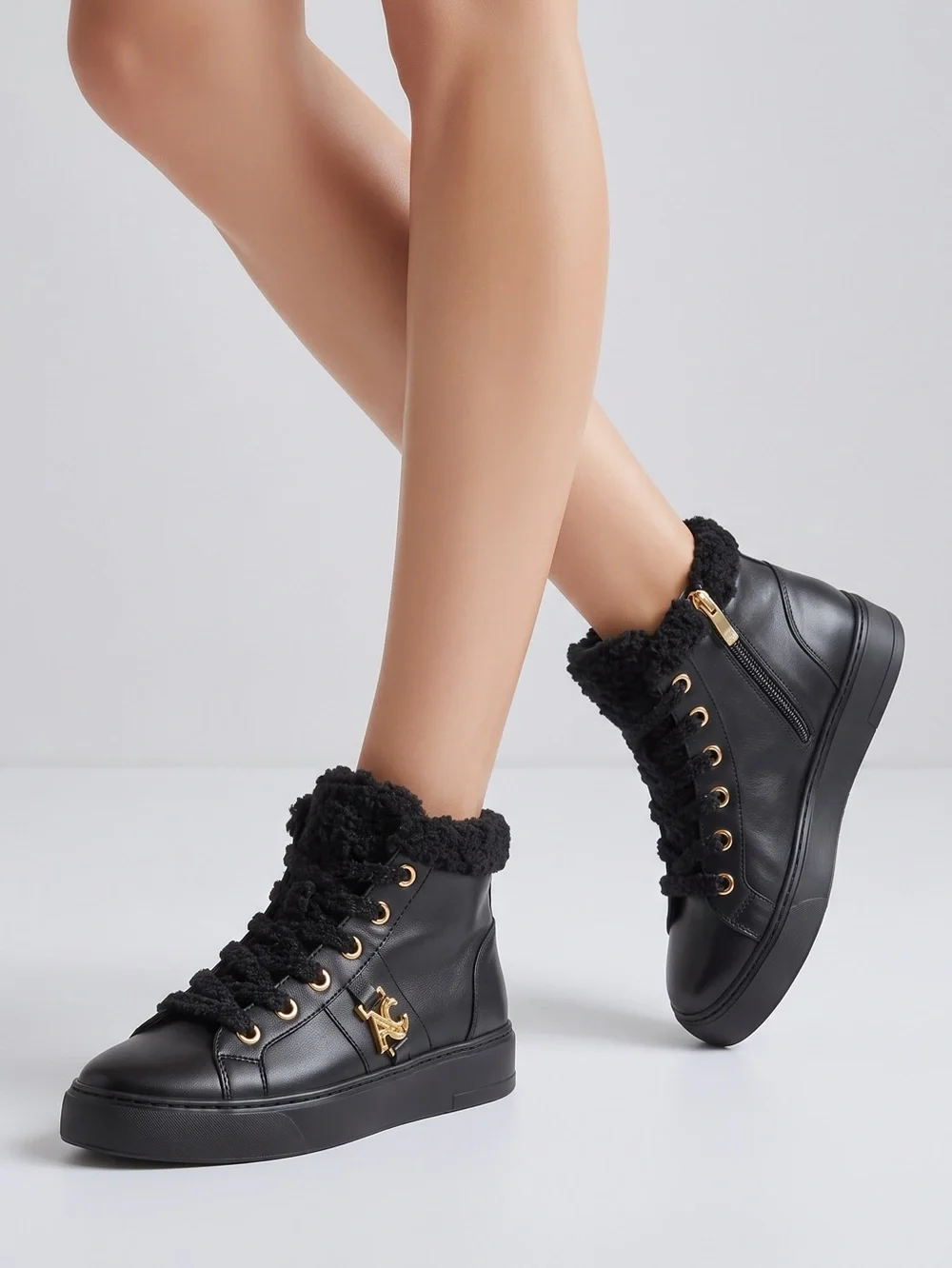 Alberto Ciccioli Women’s Black Soft Leather Ankle Booties with Gold Hardware